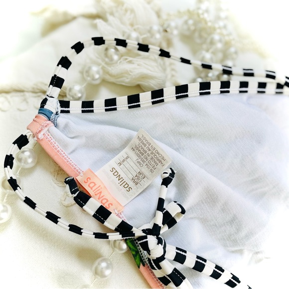 SALINAS | S | High Neck Palm Coral Sunset Bikini Black White Striped Sport Top - Picture 6 of 16